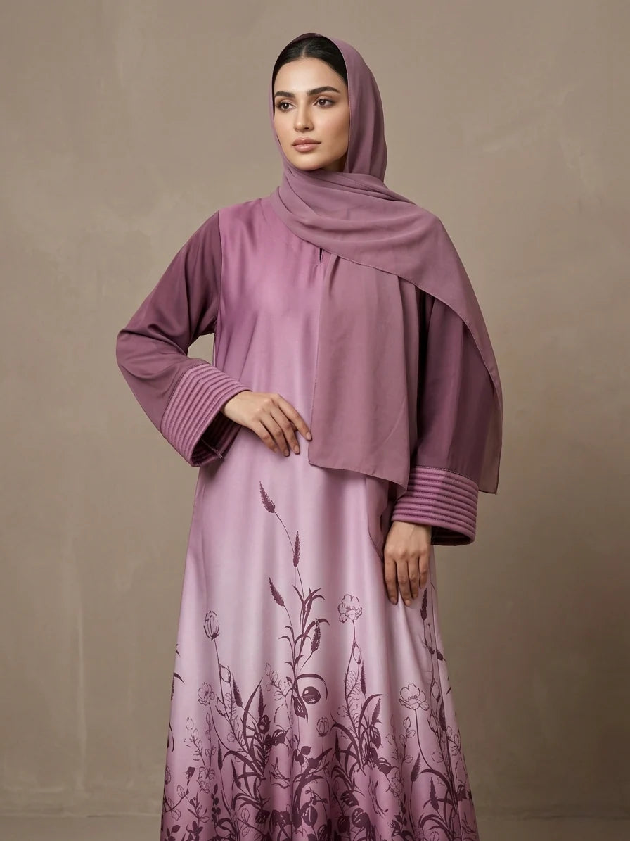 Dusty Mauve Floral Printed Abaya with Matching Chiffon Hijab-MAUVE BLOOM