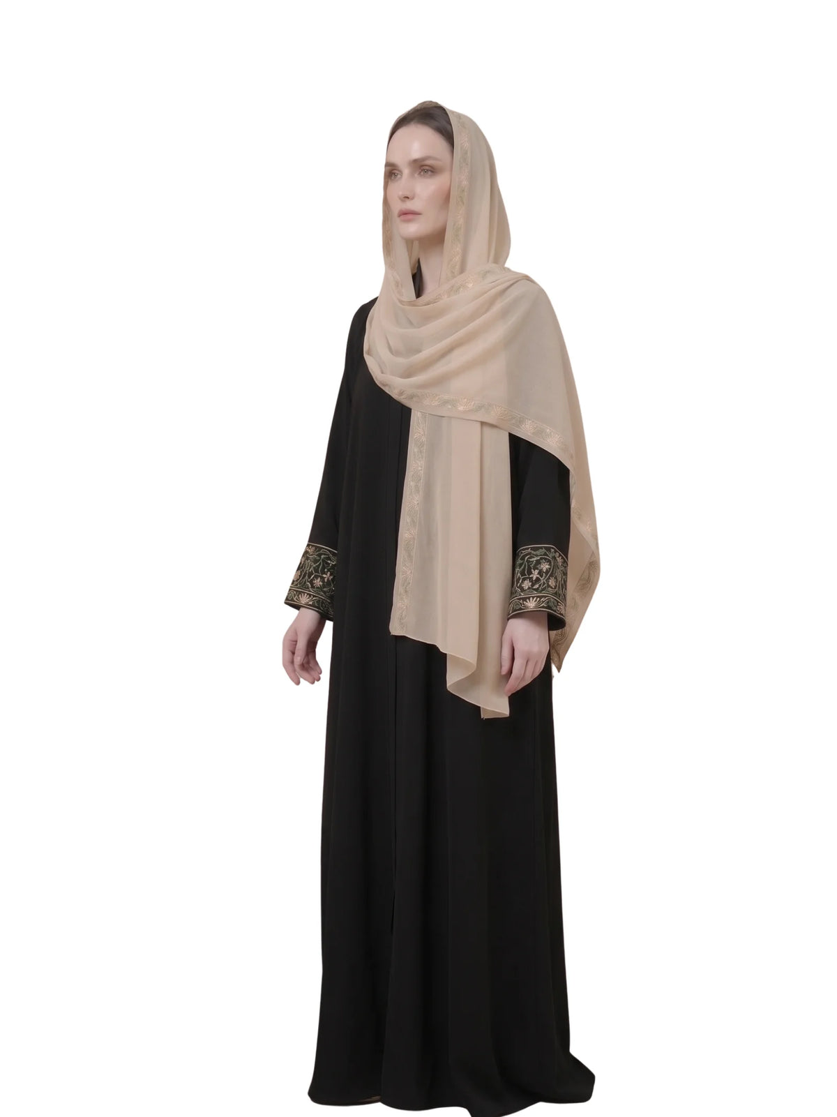Black Embroidered Abaya with Matching Beige Chiffon Hijab- IVY CUFF BLACK