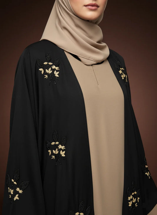 Premium Black Embroidered Open Abaya – 16 bunch