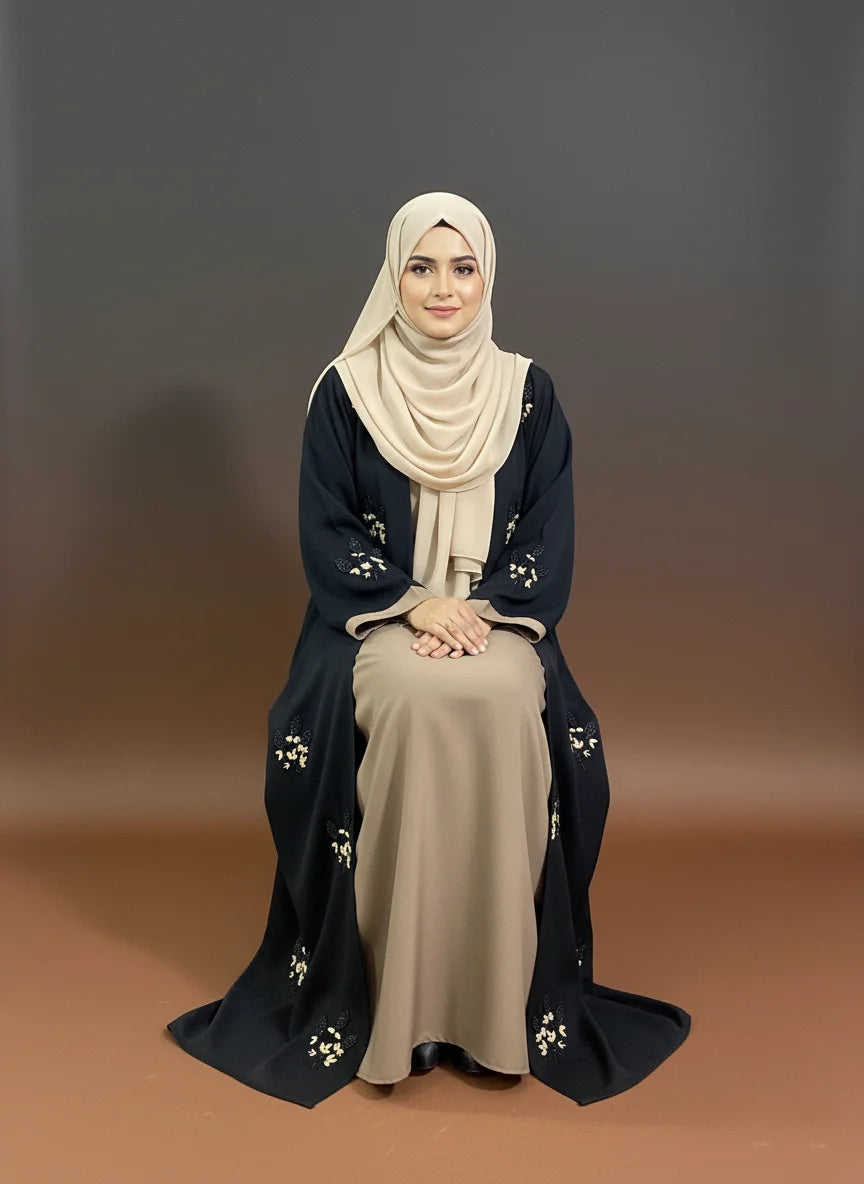 Premium Black Embroidered Open Abaya – 16 bunch