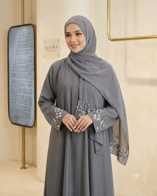Grey Embroidered Abaya- AARI W
