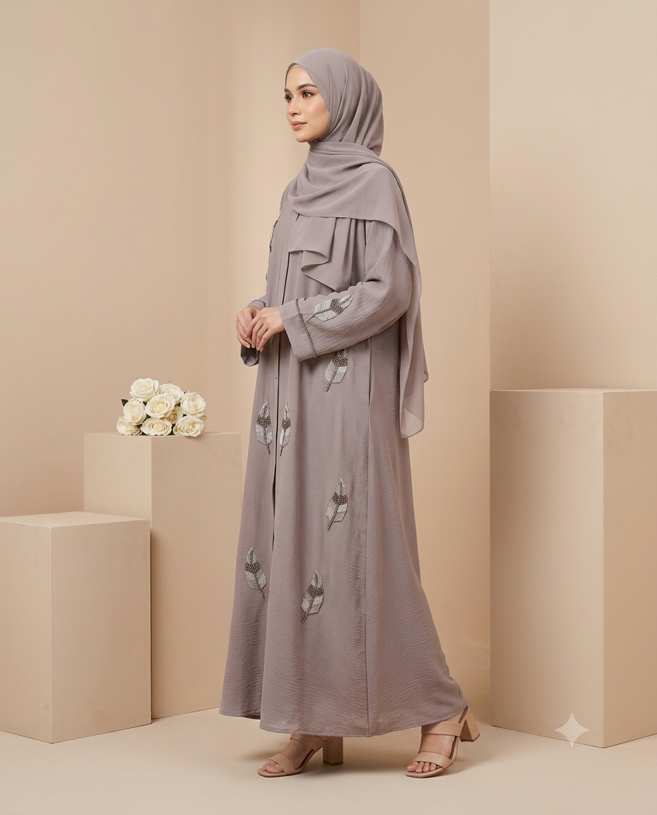Premium Taupe Grey Leaf Embroidered Abaya with Matching Chiffon Hijab - JANNAT