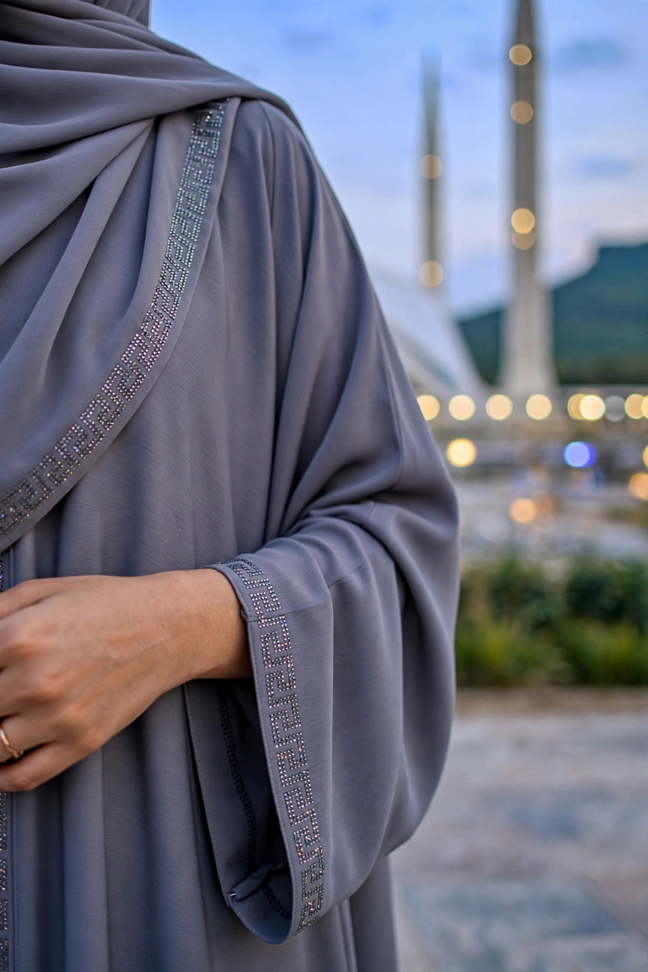 Grey Embellished Open Abaya - VERSACE