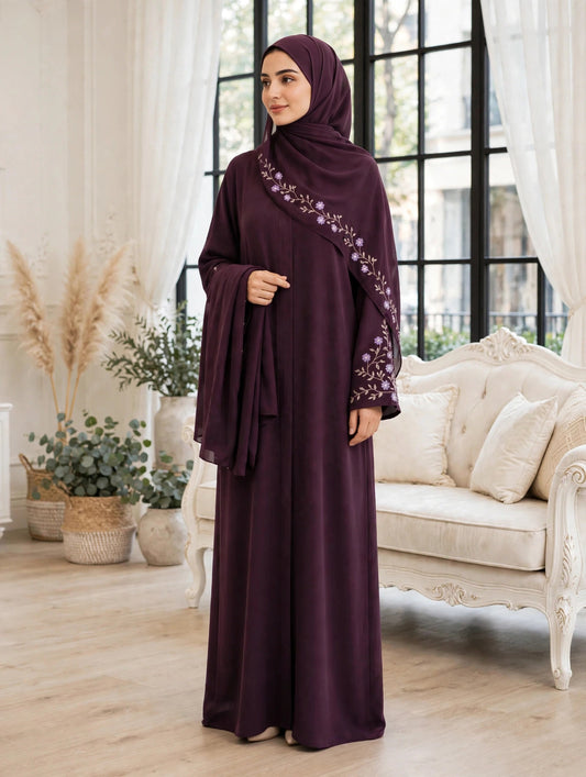 Floral Embroidered Abaya - Plum Floral