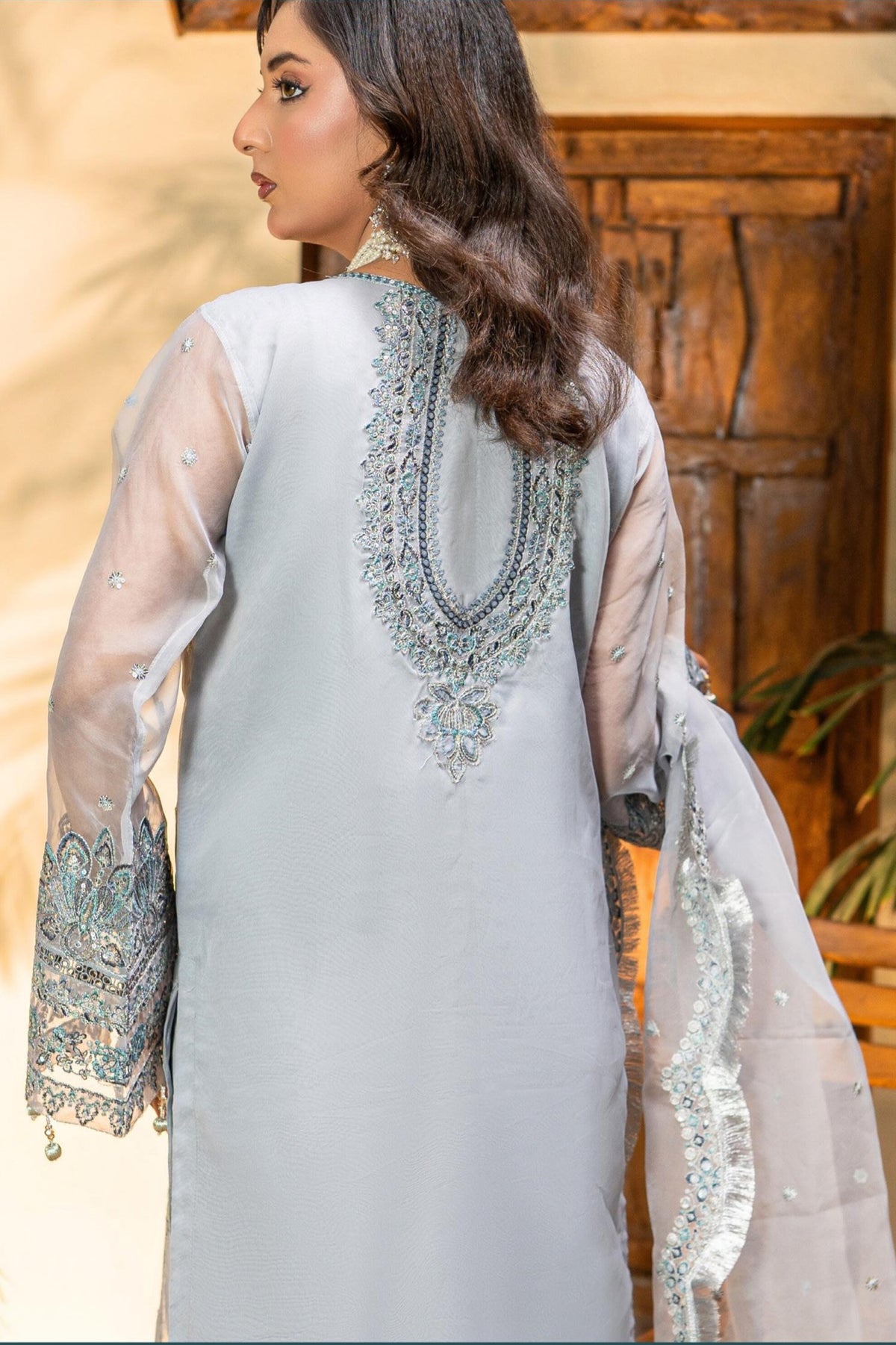 Grey Embroidered Formal Dress | Luxury Party Wear | OPAL GREY