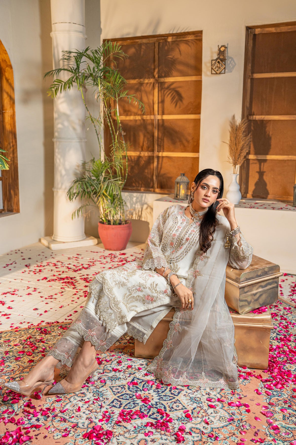 White Embroidered Formal Dress – Luxury Pakistani Party Wear | OPAL WHITE