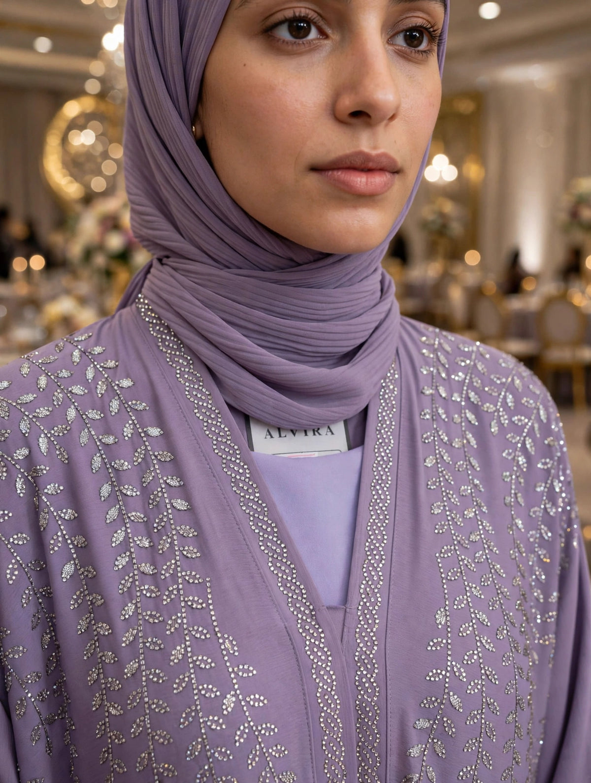 Lavender Silver Stonework Open Abaya - ZEENAT