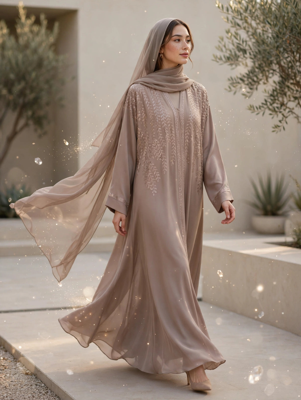 Taupe Gold Stonwork Open Abaya - ZEENAT