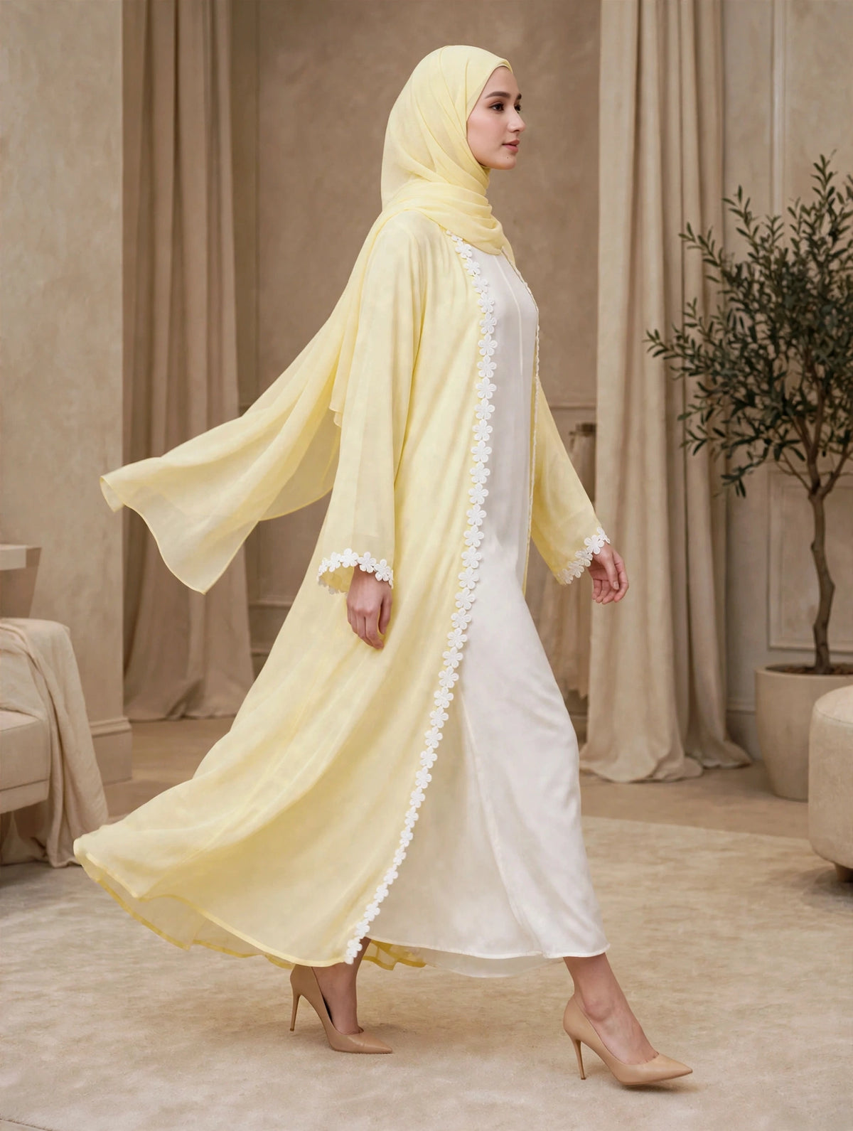 LEMON & White Open Front Abaya with Matching Chiffon Hijab- INAARA