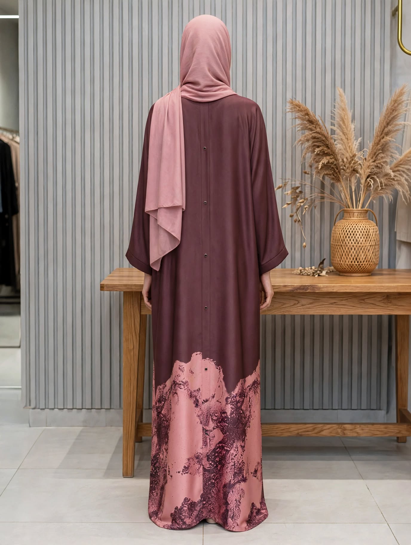 Printed Hem Satin Abaya - Amber A