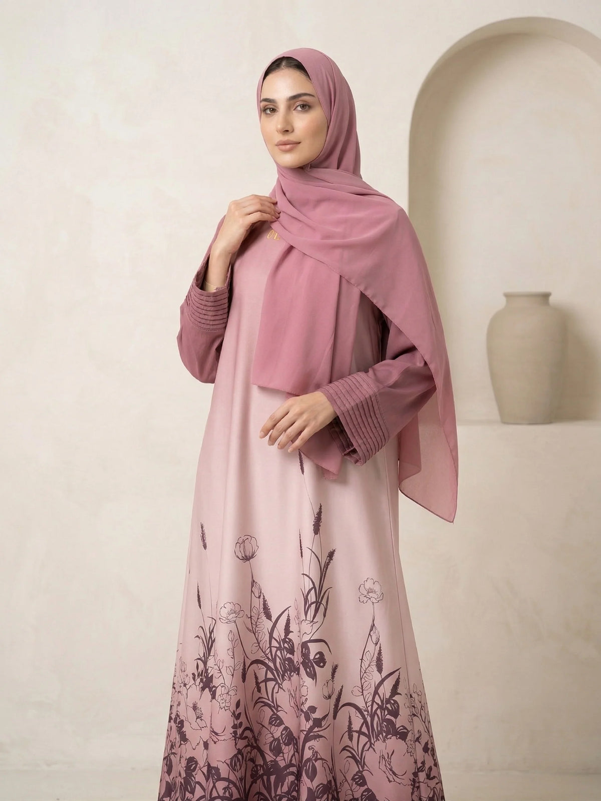 Pink Floral Gradient Abaya with Matching Chiffon Hijab