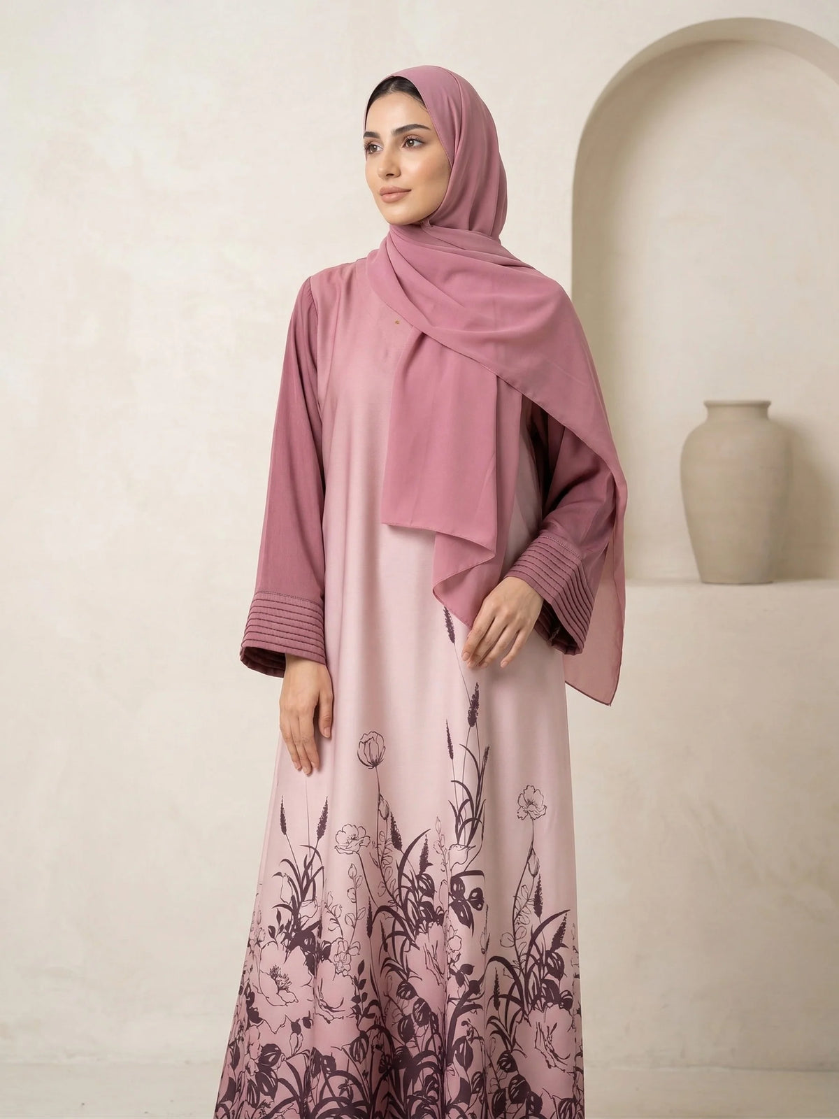 Pink Floral Gradient Abaya with Matching Chiffon Hijab