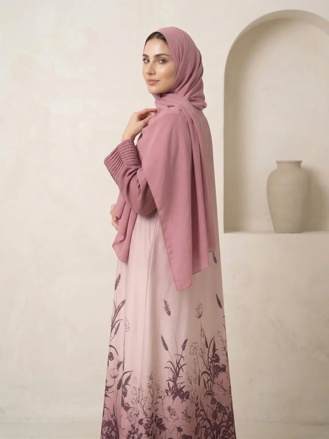Pink Floral Gradient Abaya with Matching Chiffon Hijab