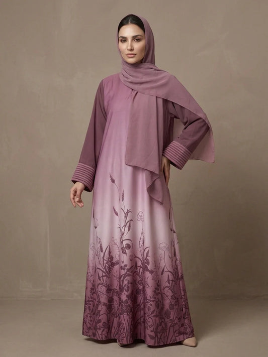 Dusty Mauve Floral Printed Abaya with Matching Chiffon Hijab-MAUVE BLOOM
