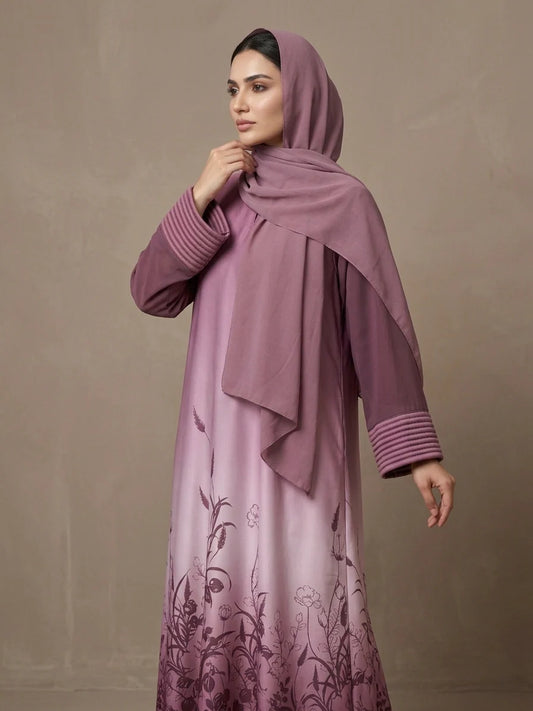 Dusty Mauve Floral Printed Abaya with Matching Chiffon Hijab-MAUVE BLOOM