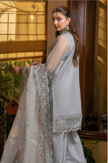 Elegant Silver Grey Embroidered 3-Piece Suit – GULNAARA