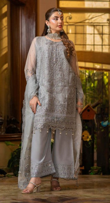Elegant Silver Grey Embroidered 3-Piece Suit – GULNAARA