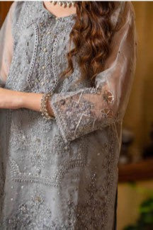 Elegant Silver Grey Embroidered 3-Piece Suit – GULNAARA