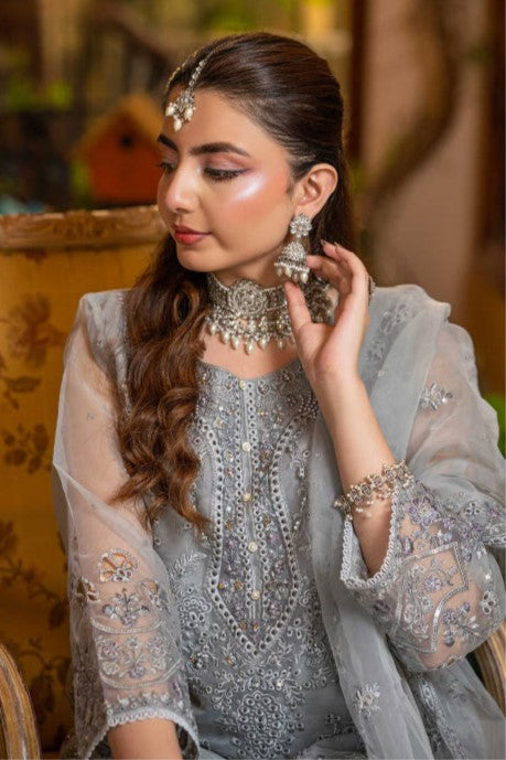 Elegant Silver Grey Embroidered 3-Piece Suit – GULNAARA
