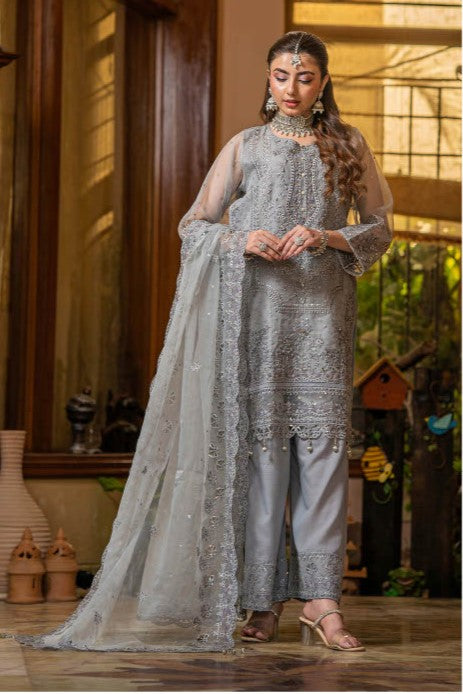 Elegant Silver Grey Embroidered 3-Piece Suit – GULNAARA