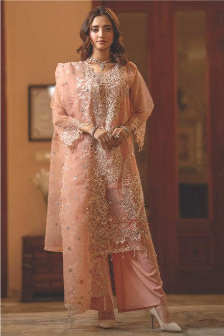 Elegant Peach Embroidered 3-Piece Suit – GULNAARA
