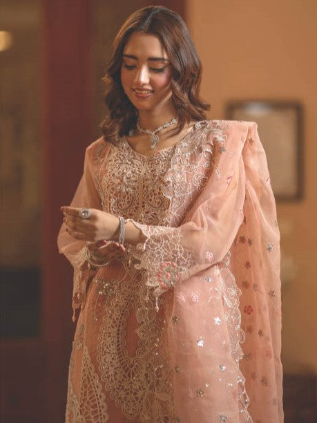 Elegant Peach Embroidered 3-Piece Suit – GULNAARA