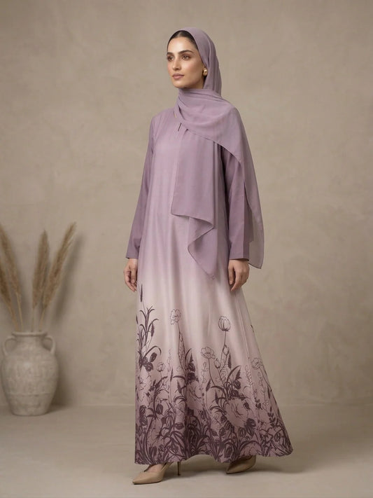 Premium Lilac Floral Print Abaya with Matching Hijab | SAHAR BLUSH OMBRE