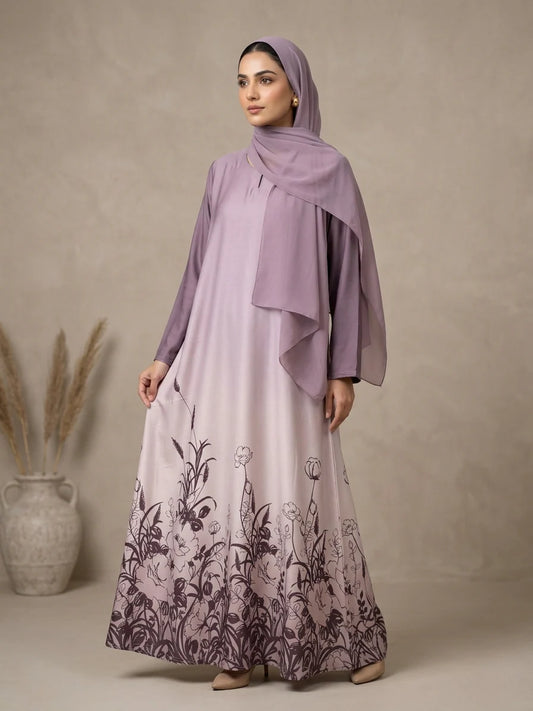 Premium Lilac Floral Print Abaya with Matching Hijab | SAHAR BLUSH OMBRE