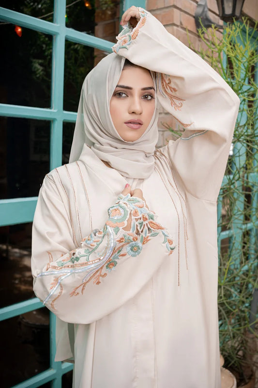 Elegant Beige Embroidered Sleeve Abaya with Matching Hijab- LAVISH