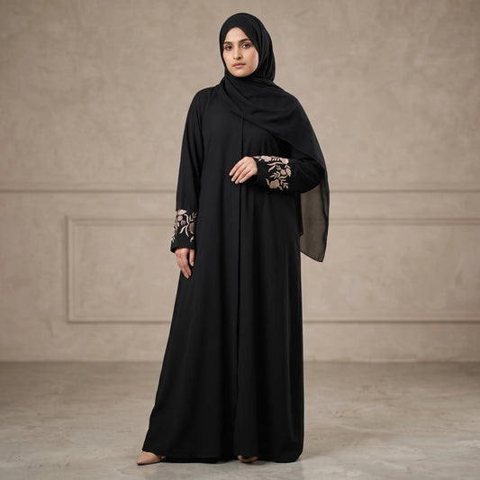 Black Nida Abaya with Floral Embroidered Cuffs – ZAHRA NOOR