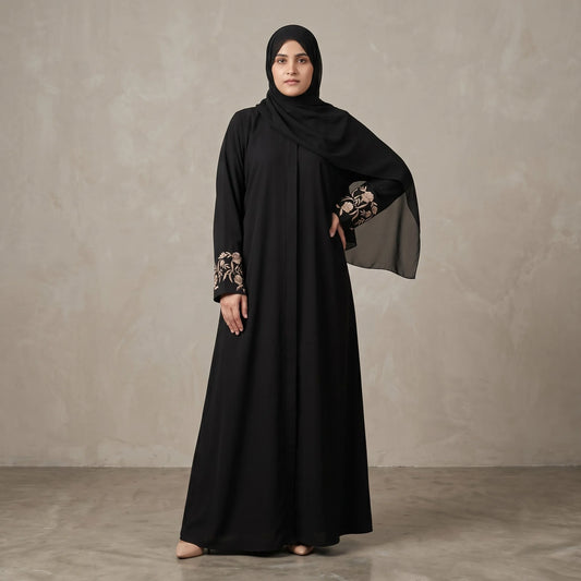 Black Nida Abaya with Floral Embroidered Cuffs – ZAHRA NOOR