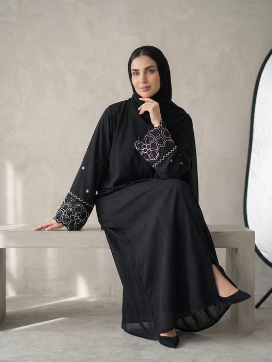 Black Embroidered Abaya- LOTUS BLOOM
