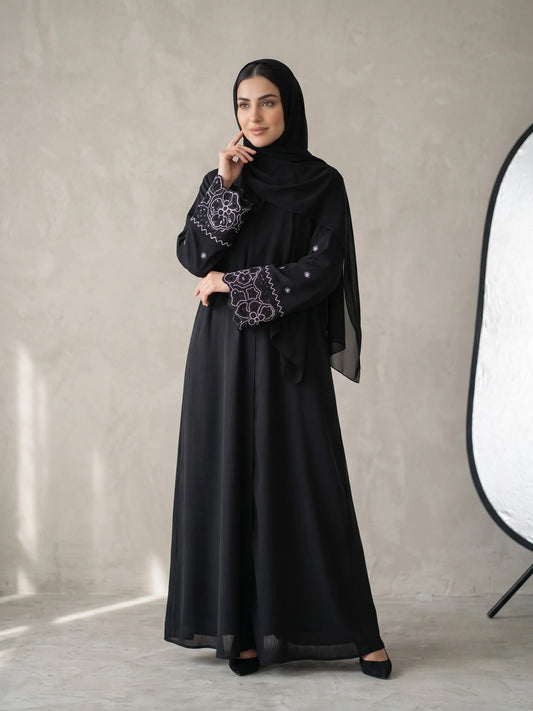 Black Embroidered Abaya- LOTUS BLOOM