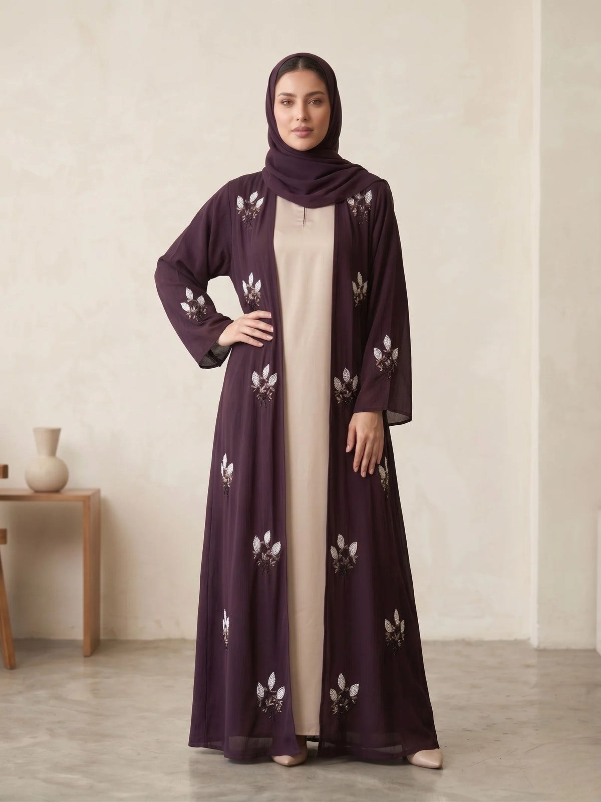 Alvira Luxury Plum Embroidered Open Front Abaya-  NAURATTAN