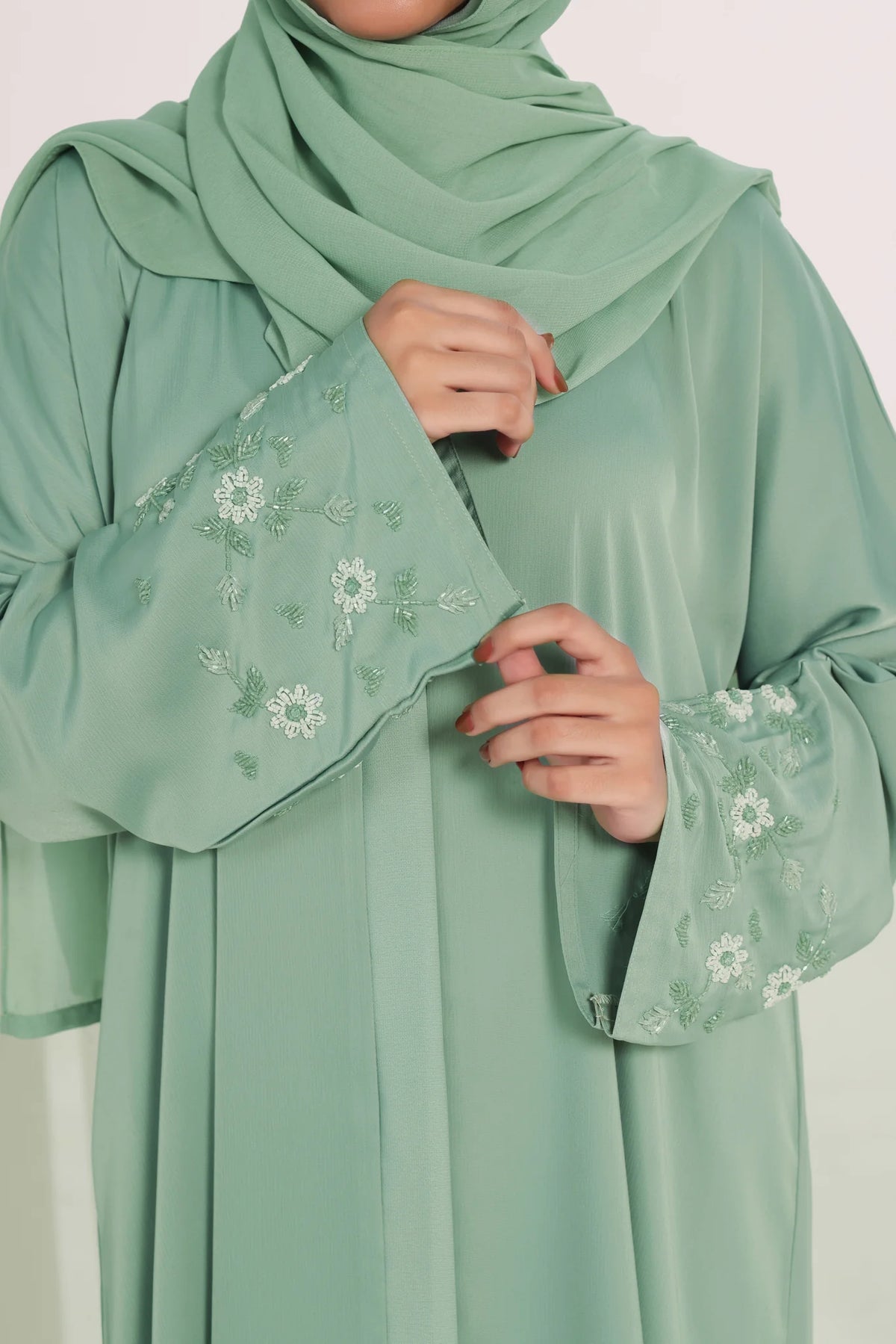 Premium Mint Green Handwork Open Abaya- RUBAB