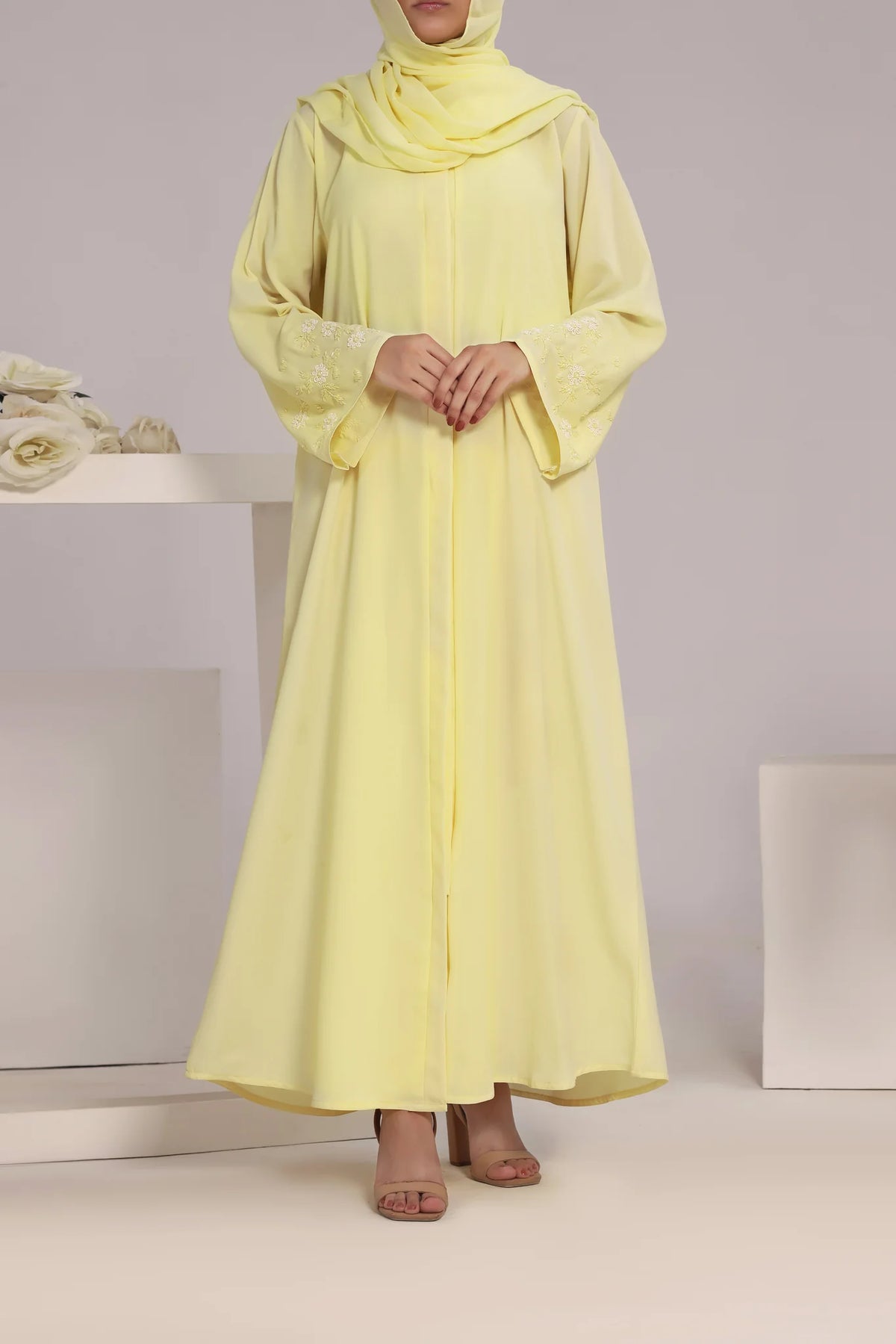 Premium Pastel Yellow Handwork Open Abaya – RUBAB