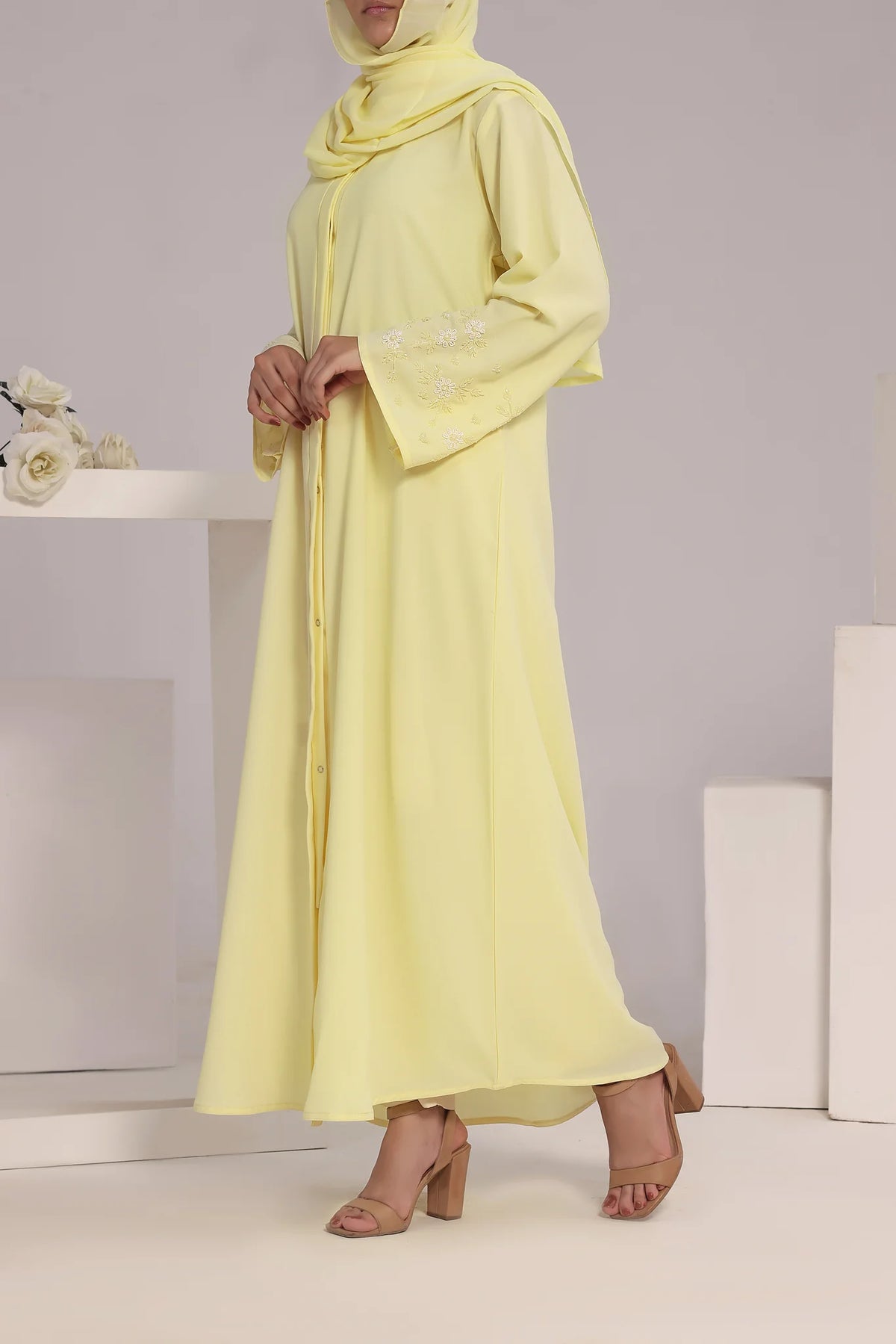 Premium Pastel Yellow Handwork Open Abaya – RUBAB