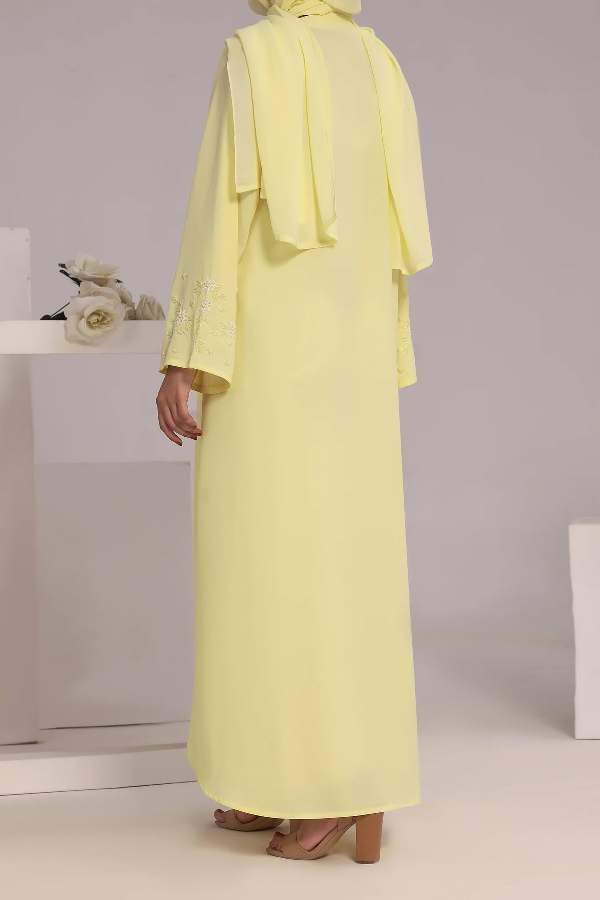 Premium Pastel Yellow Handwork Open Abaya – RUBAB