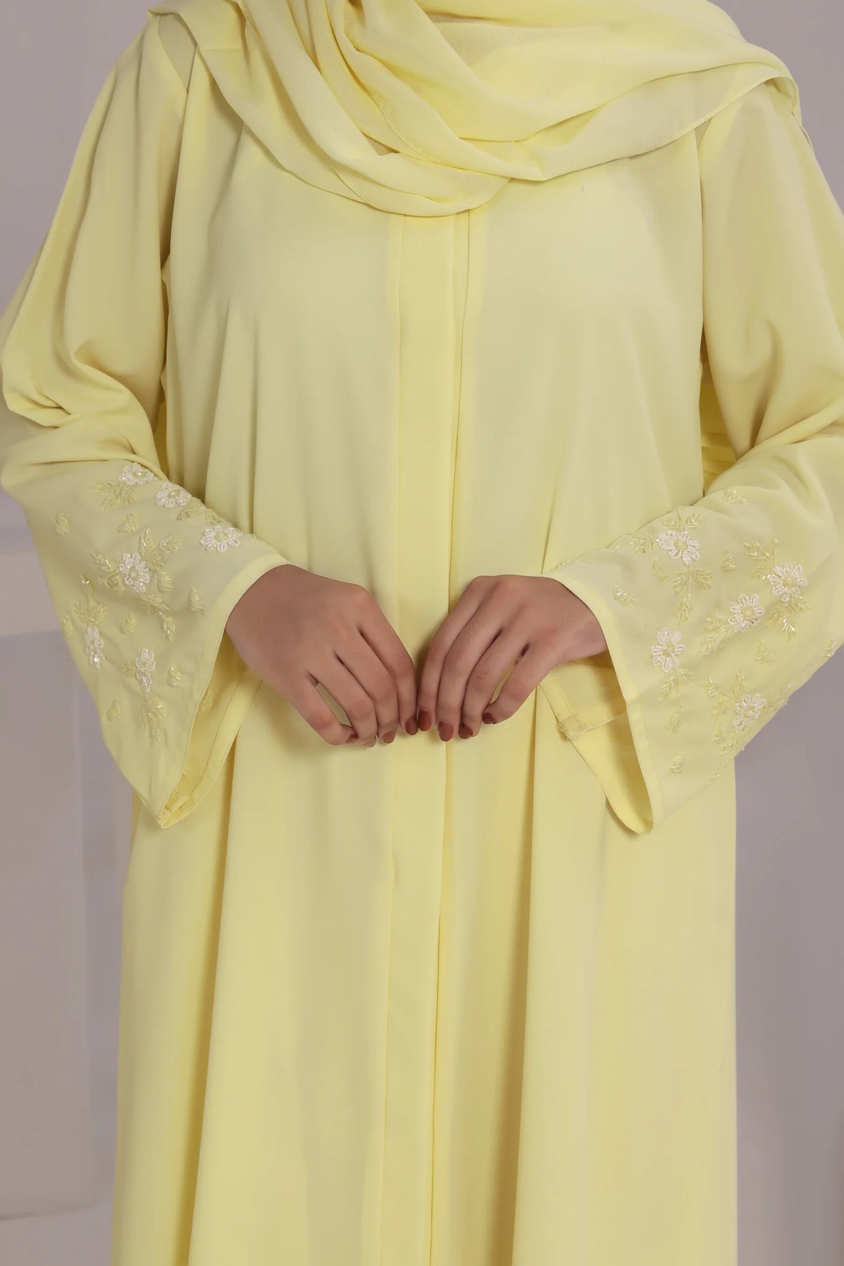 Premium Pastel Yellow Handwork Open Abaya – RUBAB