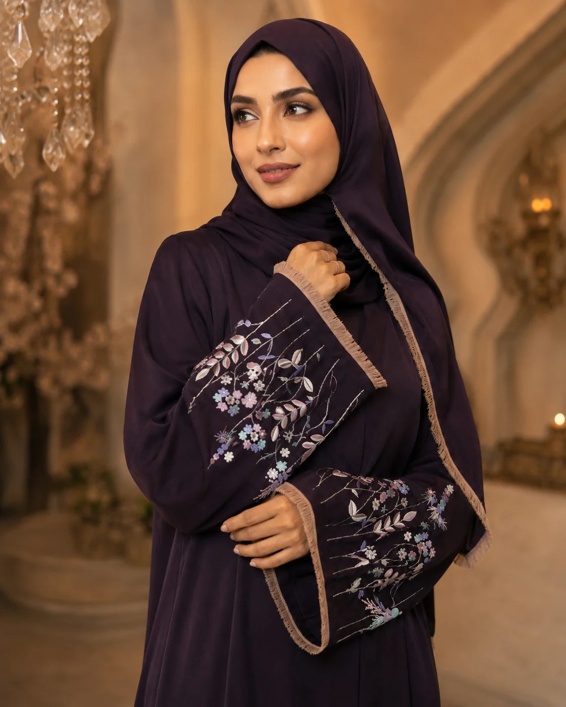 Luxury Purple Embroidered Abaya for Women- AFROZEH