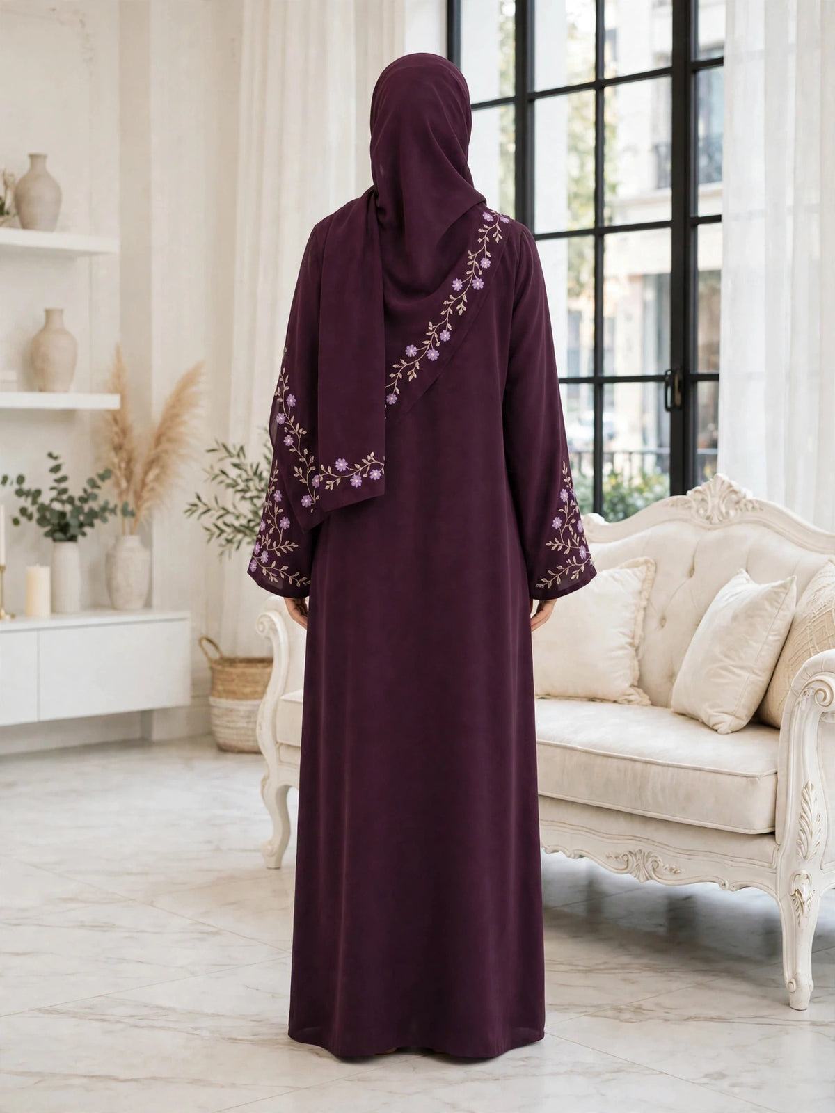 Floral Embroidered Abaya - Plum Floral