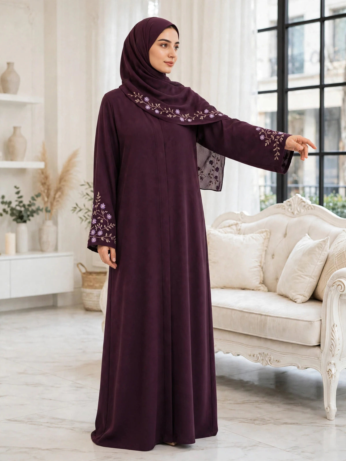 Floral Embroidered Abaya - Plum Floral