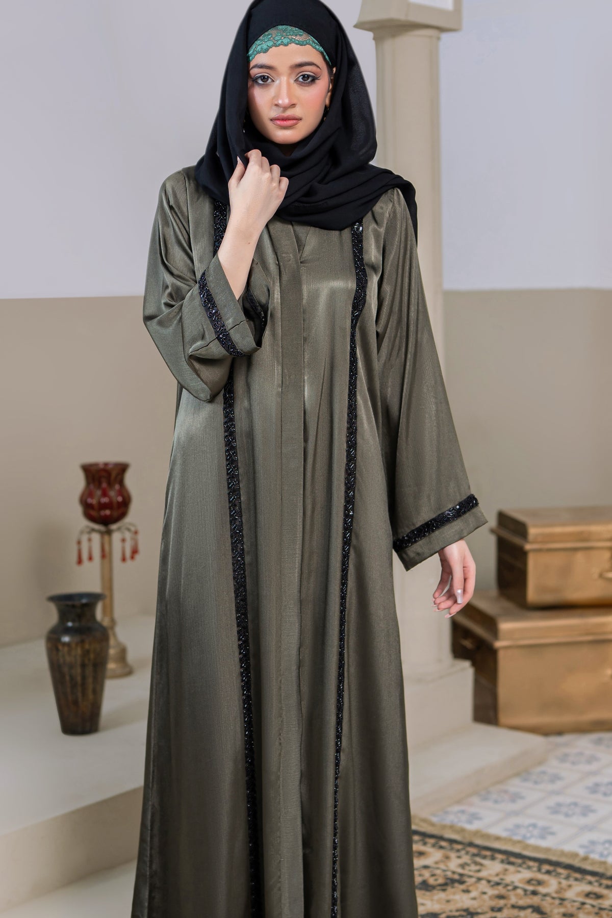 Premium Olive Green Open Abaya – MUMTAZ