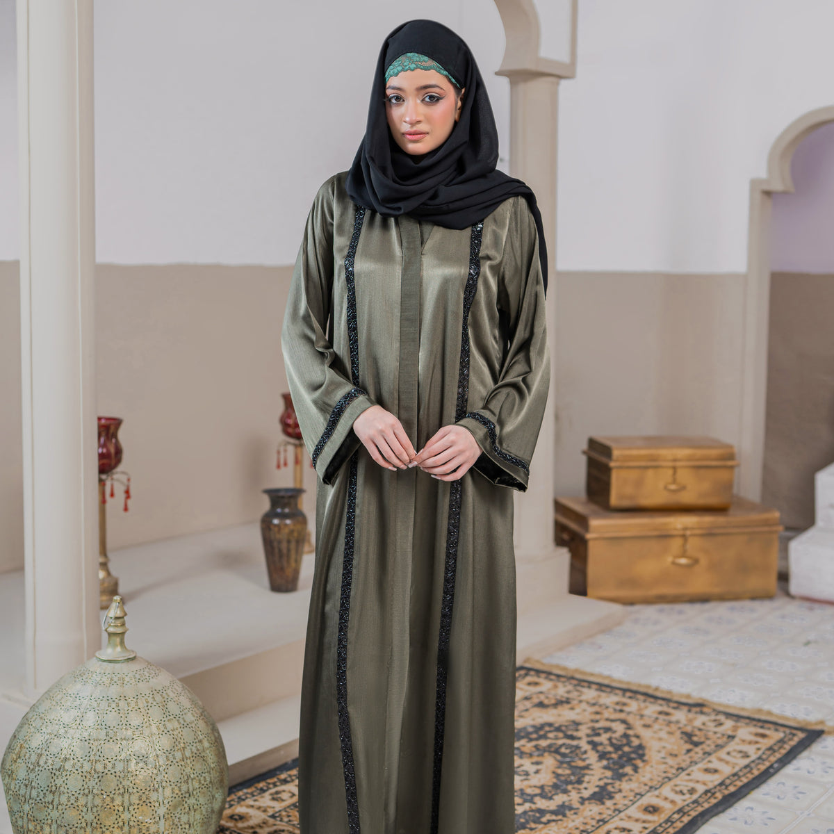 Premium Olive Green Open Abaya – MUMTAZ