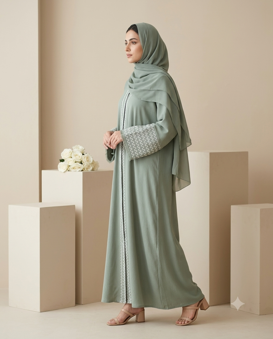 Alvira Premium Sage Green Embroidered Abaya- LEMAL