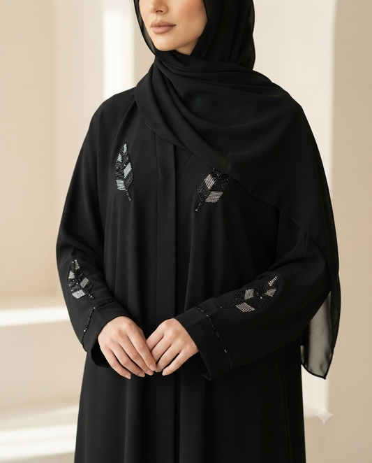 Black Leaf Embroidered Abaya – Nida Fabric | Jannat