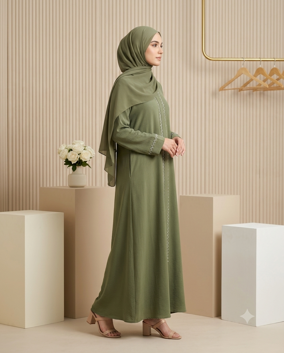 Olive Green Abaya in Romantic Nida Fabric | ZIGZAG