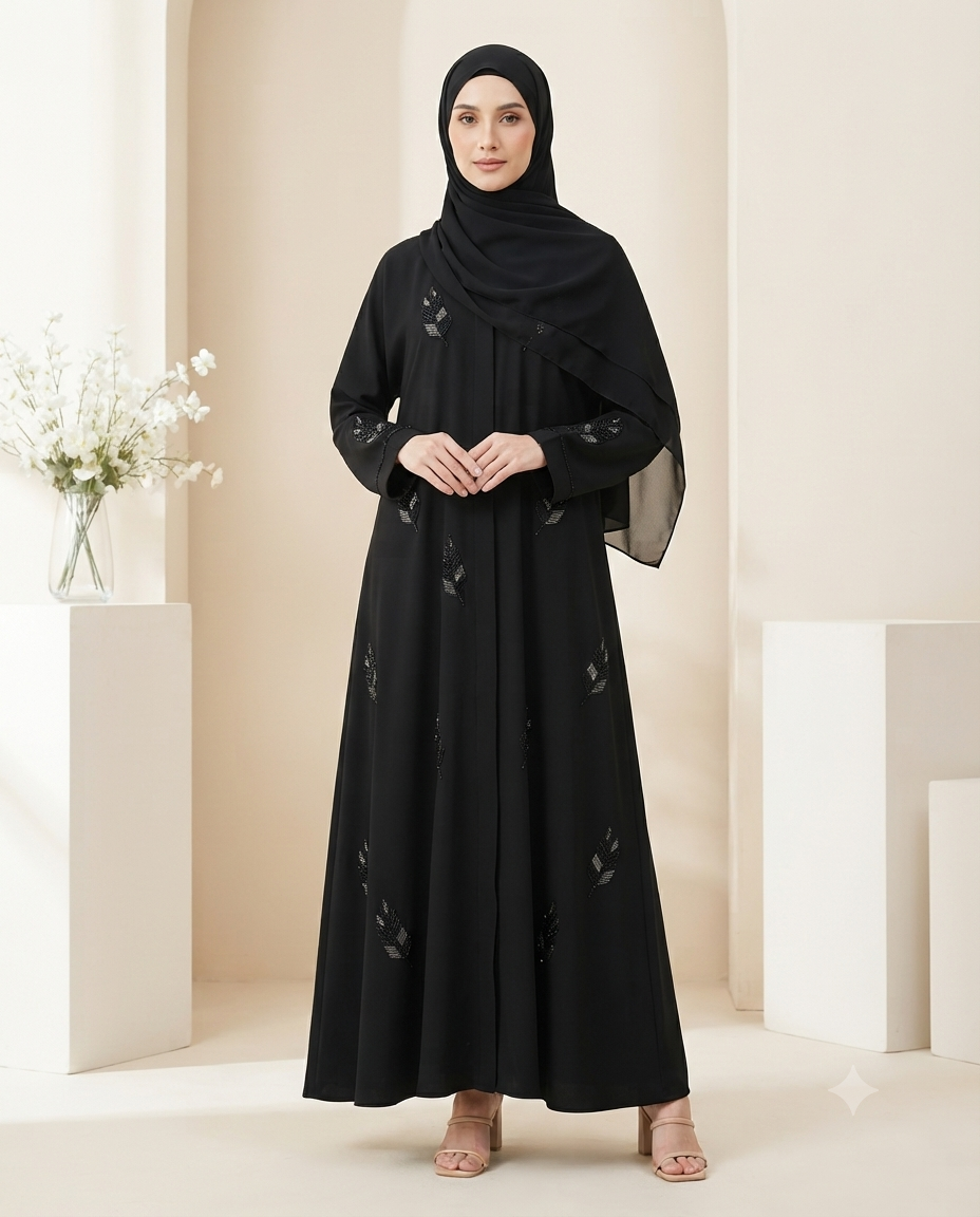 Black Leaf Embroidered Abaya – Nida Fabric | Jannat