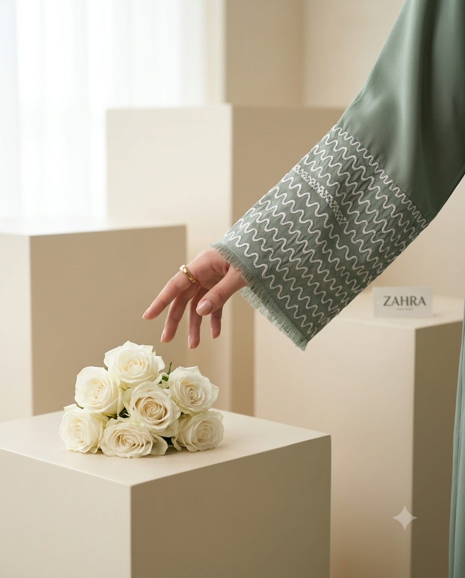 Alvira Premium Sage Green Embroidered Abaya- LEMAL