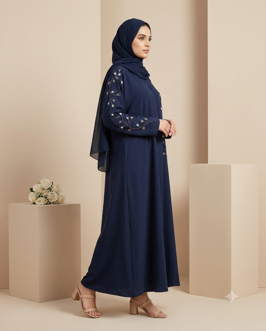 Premium Navy Blue Embroidered Abaya with Matching Korean Chiffon Hijab |  BLUE ECLISE